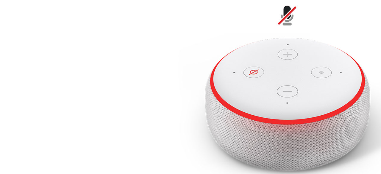  Top view of an Echo Dot, showing four buttons on the top of the smart speaker 